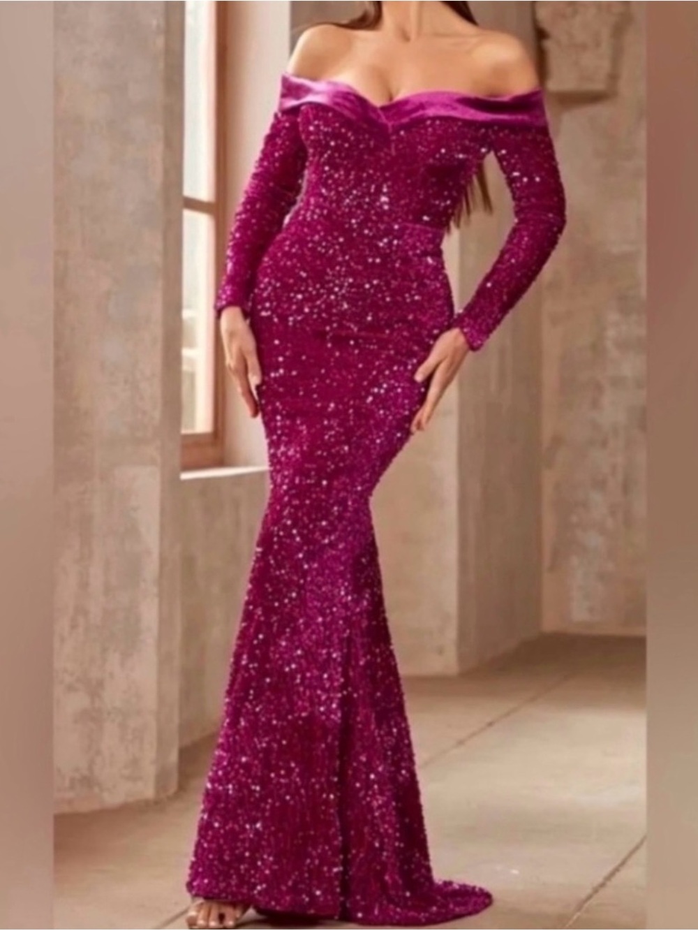 Off-Shoulder Sequin Mermaid Evening Dress in Magenta